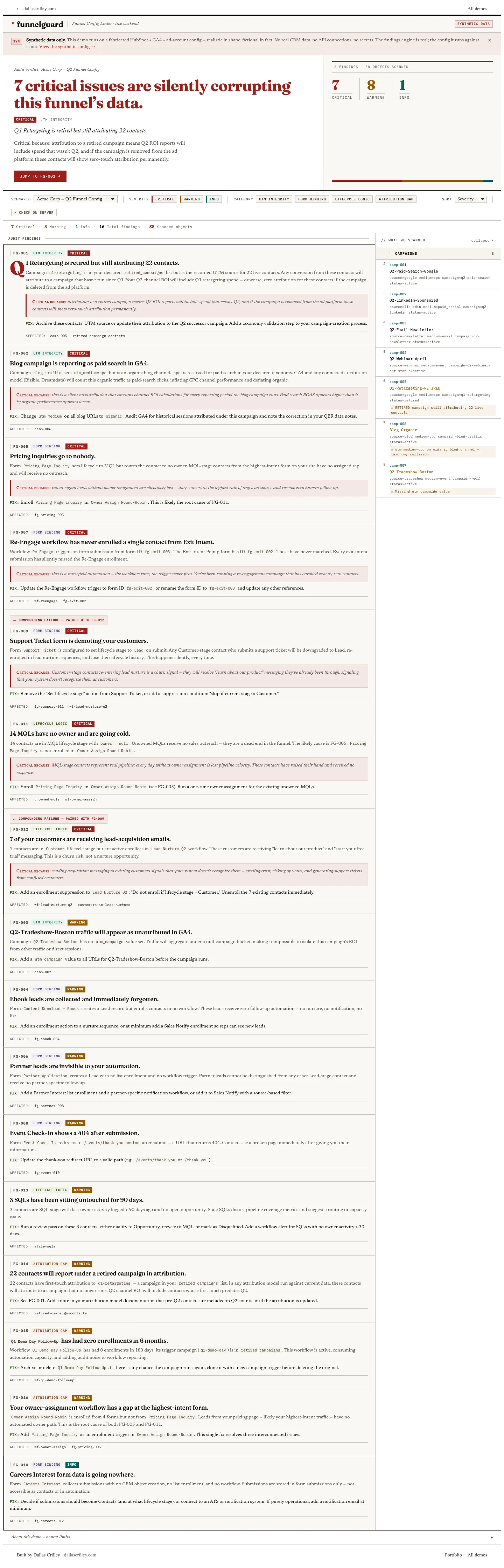 Funnelguard live demo screenshot showing the static proof state before interaction.